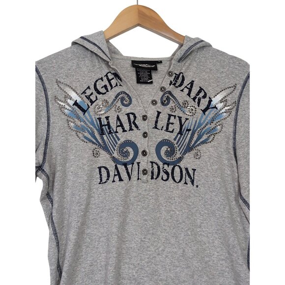 Harley Davidson Hoodie Shirt Womens L Gray Long Sleeve Stretch Motorcycle Biker - Picture 3 of 10